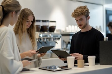 People collaborating on tablets and laptops in a modern workspace setting