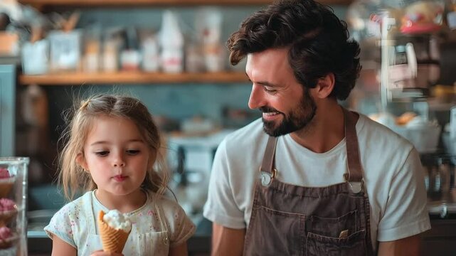 A cheerful ice cream parlor owner hands a cone to a smiling child