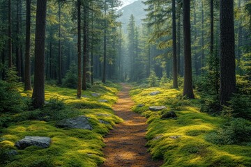 Fototapeta premium Sunlit path in a serene pine forest with moss-covered ground