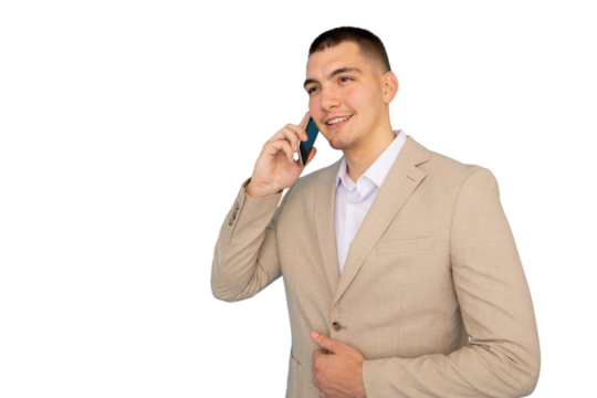 Young businessman in suit having a pleasant phone call, isolated on transparent background, perfect for image compositing - Powered by Adobe