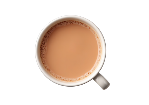Overhead view of a white mug filled with light brown tea