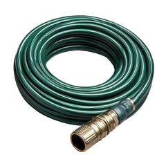 A coiled green hose with a brass nozzle attachment shown on transparent background