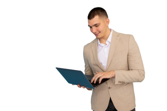 Young professional working on laptop, concentrating intently with transparent backdrop, ideal for seamless design integration