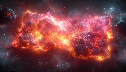 Fototapeta premium Abstract celestial formation fiery rocks illuminated in a dark space amidst stars and nebulous clouds