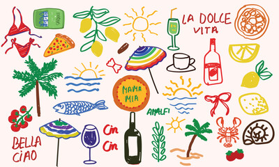 Hand drawn Italian or Greek summer vacation elements in colorful chalk rough doodle grungy style. Coastal food, wine, seafood, travel icons for poster, placard, postcard, wall art, retro print.