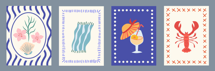 Summer Italy la dolce vita vintage posters. Amalfi or Sicily of postage stamps with image of Italian Mediterranean drink, lobster, shells, flower wall decor. Vector illustration doodle cartoon style.