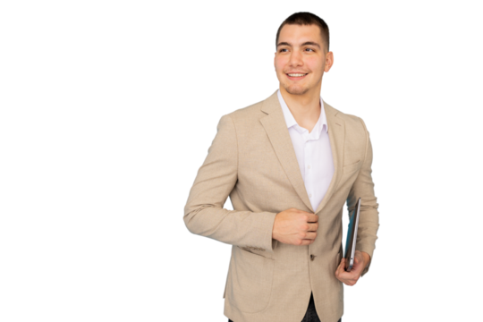 Young entrepreneur confidently walks while holding a tablet and looking towards the future, isolated on a transparent background