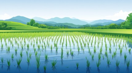 Lush rice paddy landscape with mountains
