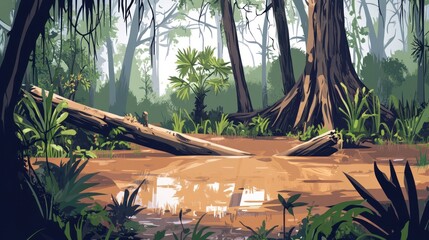 Lush jungle scene with fallen logs