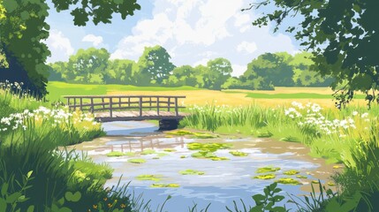Lush rural landscape with a bridge over a stream