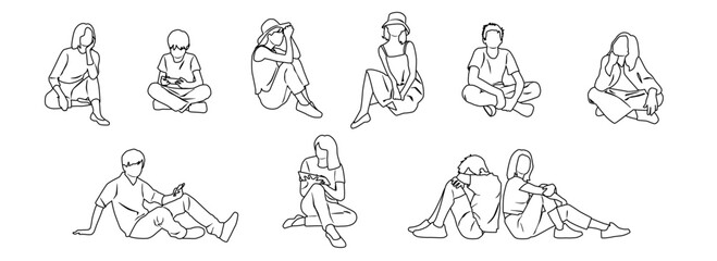 Vector silhouettes of men and women and teenagers, business people,  sitting, profile, hand draw, linear sketch, black and white color, isolated on white background