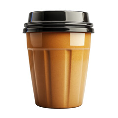 A cup with a lid filled with a caramel colored beverage on transparent background