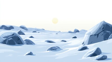 A vast, icy landscape with scattered rocks beneath a pale sun