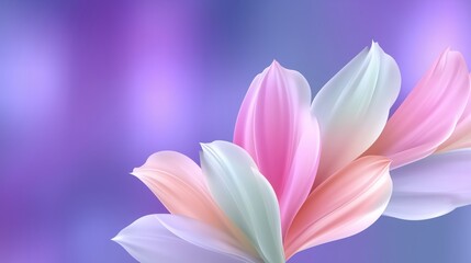 Fototapeta premium Abstract floral background with soft flowing petals in pastel pink and green against a serene purple and lavender gradient. A gentle and modern design.