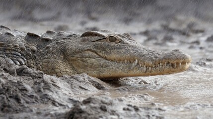Fototapeta premium Crocodile partially buried in mud