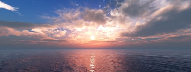 Panorama of sea sunset, ocean sunrise, seascape, 3d rendering