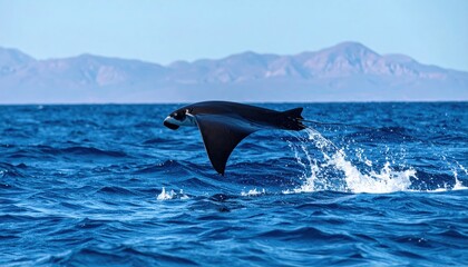 Fototapeta premium Majestic manta ray leaps from the ocean, a breathtaking marine spectacle in vibrant blue waters