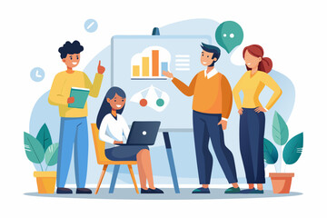 Small group of young professionals brainstorming by a whiteboard, soft sunlight on their faces