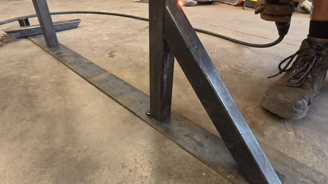 &Eacute;tincelles de soudure et Soudeur &agrave; l'arc sur deux pi&egrave;ces de m&eacute;tal, isol&eacute; sur fond gris 