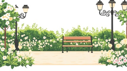 Park scene with bench and lanterns