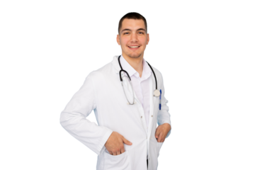 Medical professional wearing stethoscope, smiling confidently while standing with relaxed posture, white coat highlighting expertise in healthcare setting