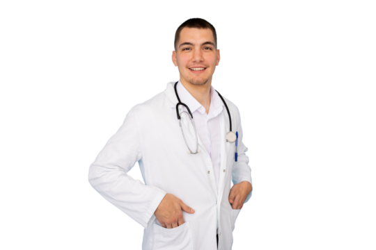 Medical professional wearing stethoscope, smiling confidently while standing with relaxed posture, white coat highlighting expertise in healthcare setting