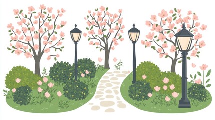 Springtime park scene with magnolia trees and pathway