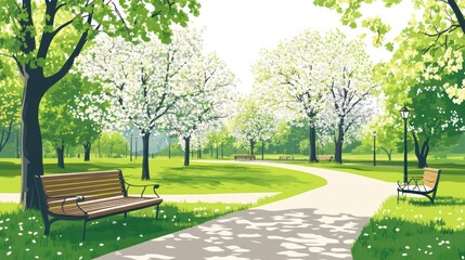 Spring park scene with pathway and benches (1)