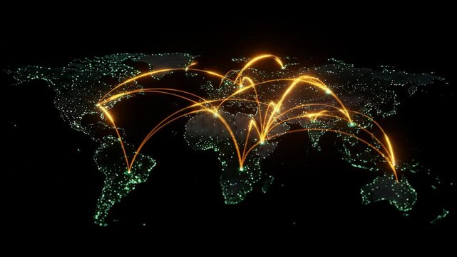 Digital world map with glowing data points and connection arcs, global network visualization on black background - Powered by Adobe