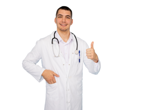 Medical professional wearing white lab coat, stethoscope, giving thumbs up with cheerful smile against transparent backdrop