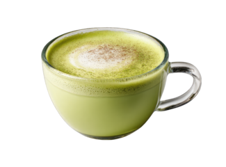 A clear glass mug filled with a light green matcha latte.  A frothy, light beige layer of milk foam sits atop the drink, sprinkled with a light brown spice