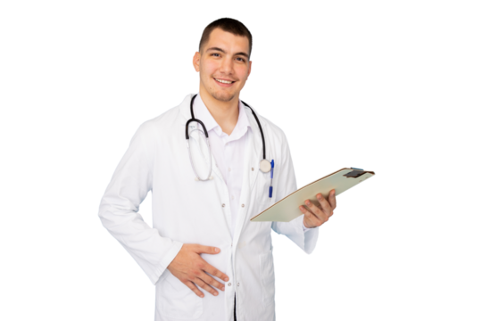 Young male doctor smiling and holding a medical chart on a transparent background, ideal for healthcare and medical projects