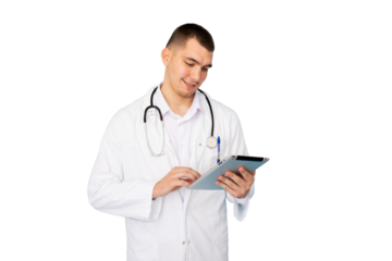 Young male doctor wearing lab coat and stethoscope using digital tablet with transparent background