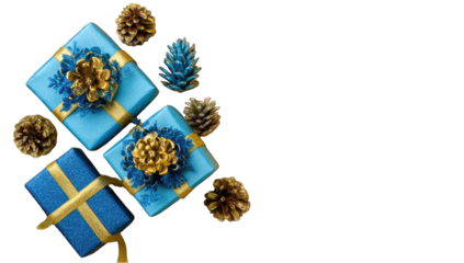 Blue gift boxes with gold ribbon, adorned with pine cones, against a black background