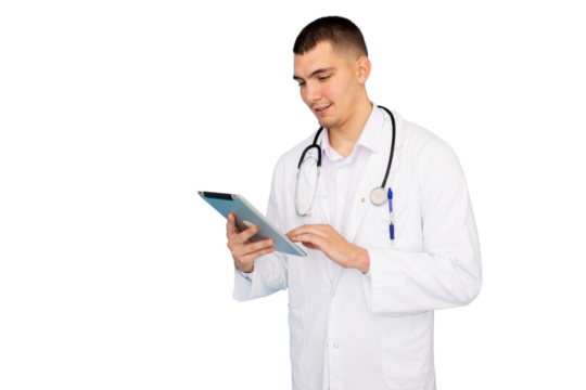 Medical professional checking electronic device, white lab coat and stethoscope, medical technology backdrop
