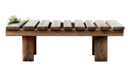 Rustic Bench: A sturdy and charming wooden bench invites relaxation and reflection, featuring a weathered appearance that blends seamlessly with a tranquil outdoor setting.