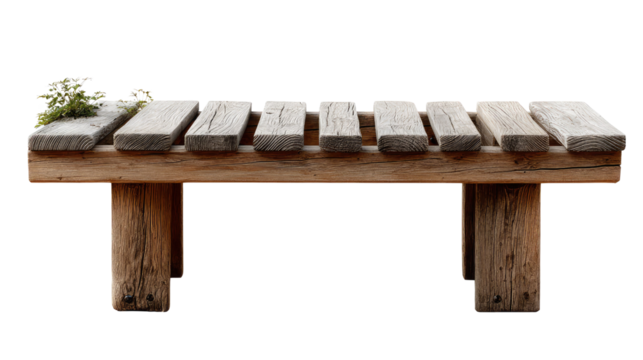 Rustic Bench: A sturdy and charming wooden bench invites relaxation and reflection, featuring a weathered appearance that blends seamlessly with a tranquil outdoor setting.