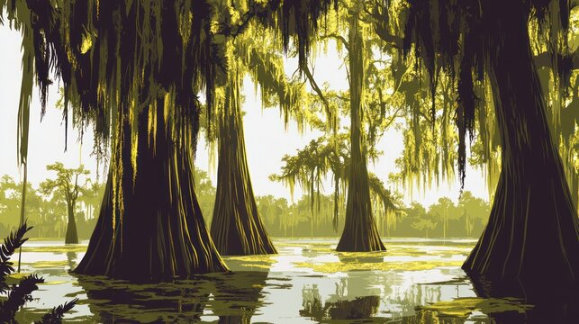 Swamp scene featuring tall trees reflected in murky water, digitally painted