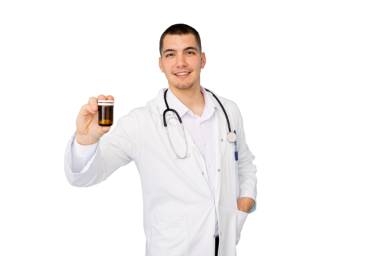 Young male doctor wearing lab coat and stethoscope presenting a medicine bottle with transparent background