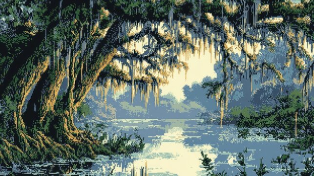 Pixelated swamp scene with moss-covered trees reflected in murky water
