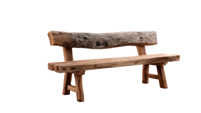 Rustic Wooden Bench: A weathered wooden bench of organic form and a unique woodgrain pattern that suggests the passage of time in a minimalist style.