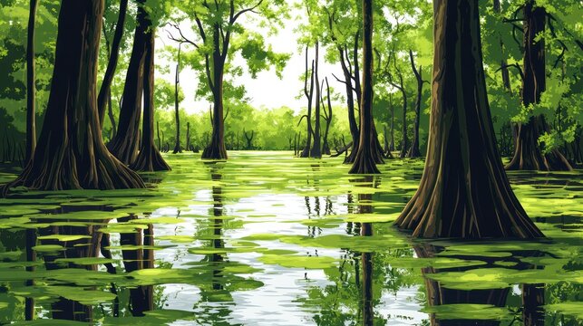 A serene swamp landscape with tall trees reflected in the mossy water surface