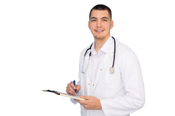 Young male doctor smiling and writing medical notes on a clipboard, isolated on transparent background
