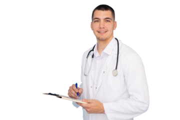 Young male doctor smiling and writing medical notes on a clipboard, isolated on transparent background