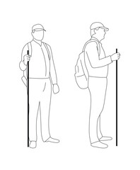 Line Art Figure of a Hiker with Walking Stick Isolated on White. Outdoor adventures and nature activities vector art