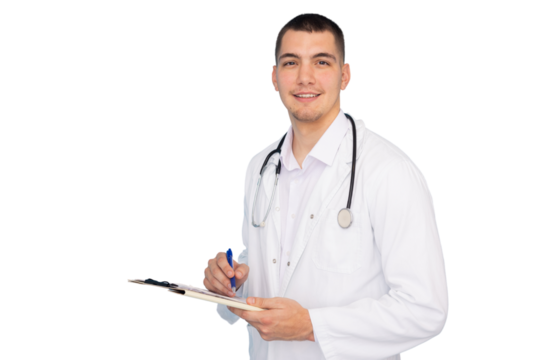 Young male doctor smiling and writing medical notes on a clipboard, isolated on transparent background