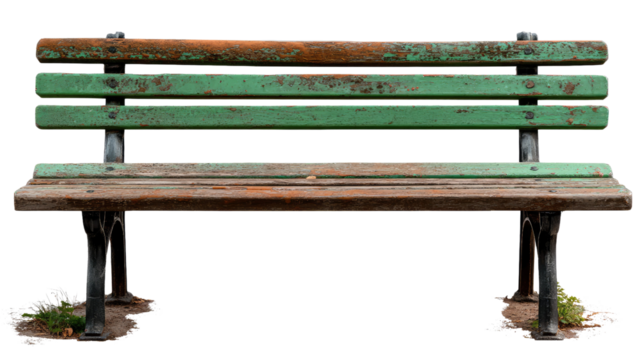Weathered Bench in Park: A weathered bench stands solitary, its aged wood and faded paint telling tales of countless moments of rest and reflection in the quiet space.