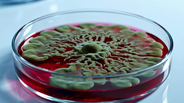 Close-up view of a petri dish containing a vibrant red medium with a unique green mold pattern, showcasing microbial growth in a laboratory setting