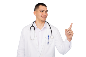 Medical professional in white coat and stethoscope gesturing toward right side, pointing with index finger against transparent backdrop