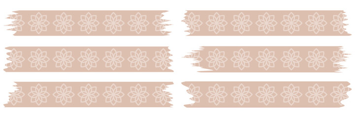 Set of beige washi tapes with pattern isolated on white. Tapes collection in vector. Pieces of decorative tape for scrapbooks. Torn paper. Spring, summer